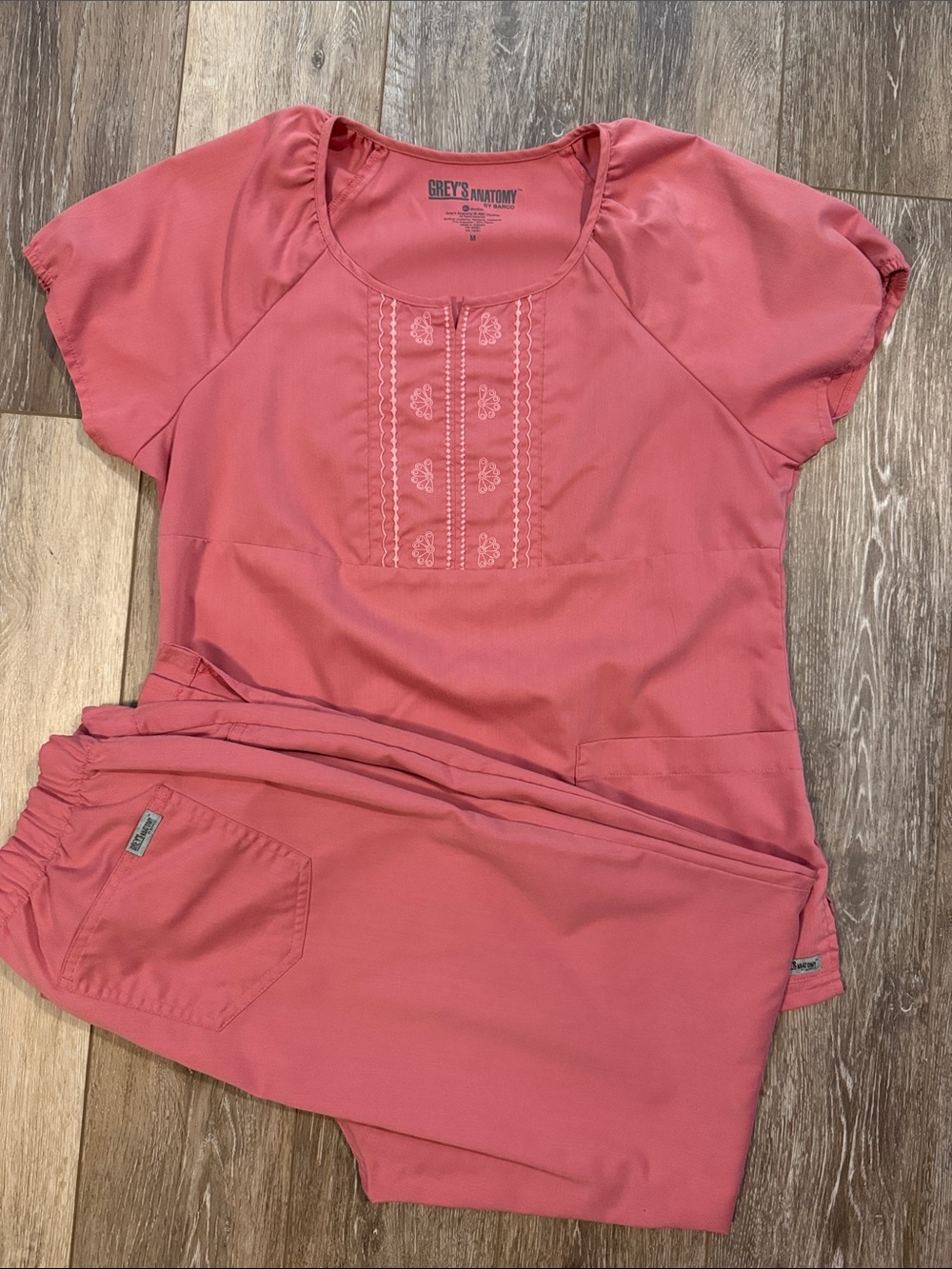 Grey's Anatomy Coral Pink Scoop-Neck Scrub Top with Embroidered Front